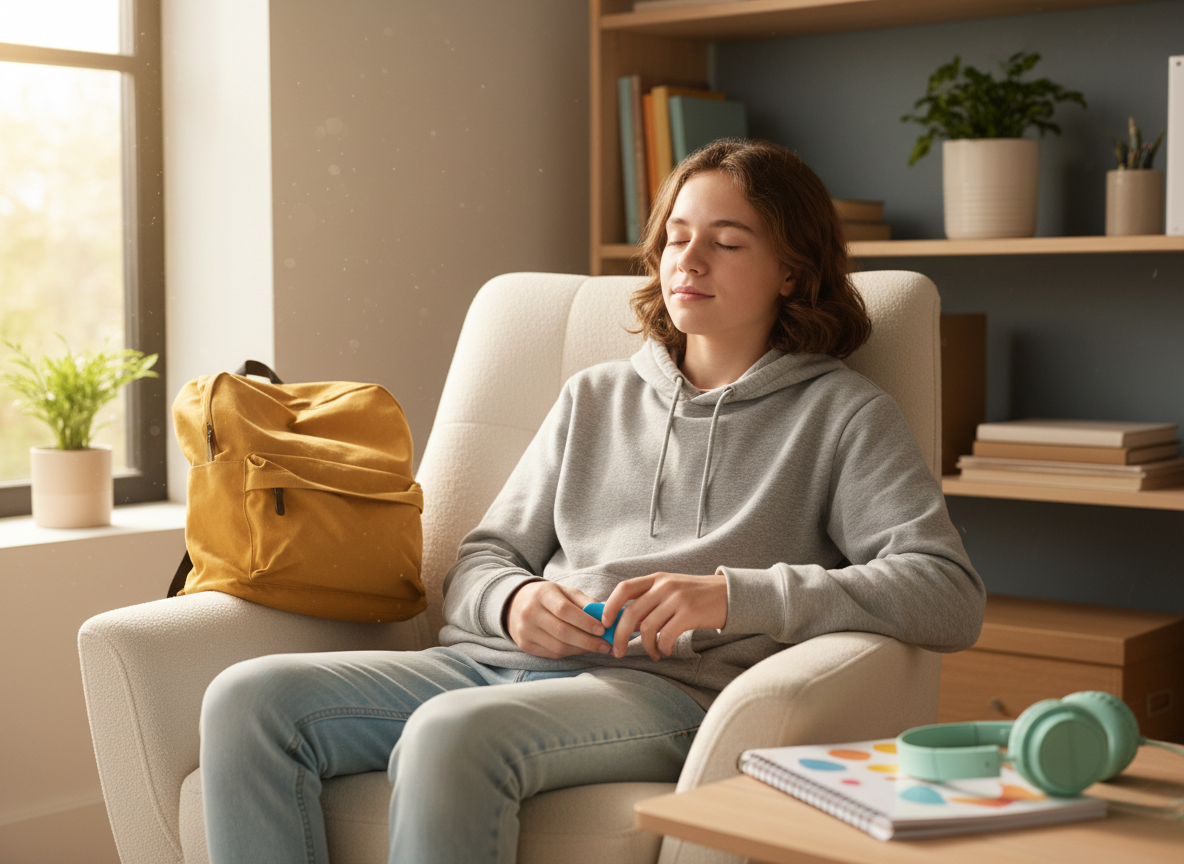 Teen using a small discreet fidget in a calm home or study setting with a relaxed, age-appropriate feel