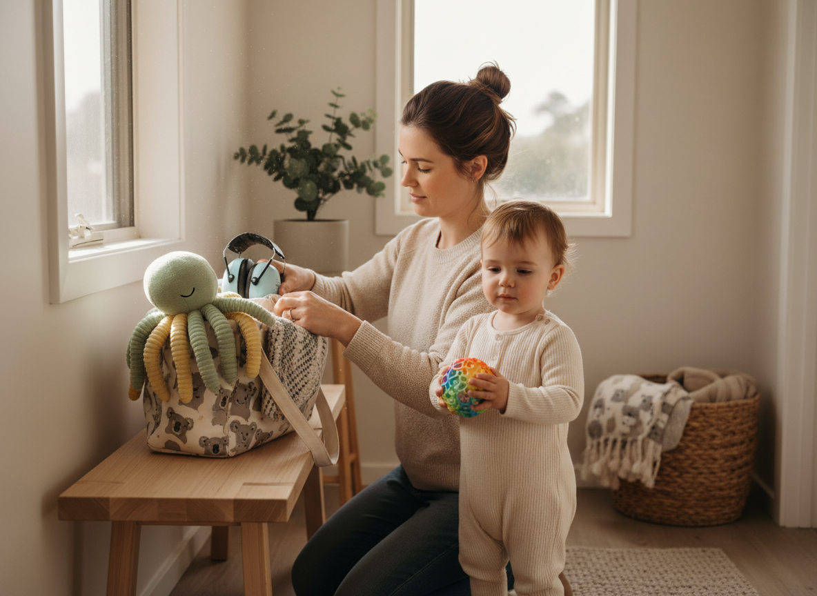 Parent packing a small toddler sensory kit into a nappy bag with kids earmuffs and a soft tactile item, while a toddler holds a sensory toy nearby