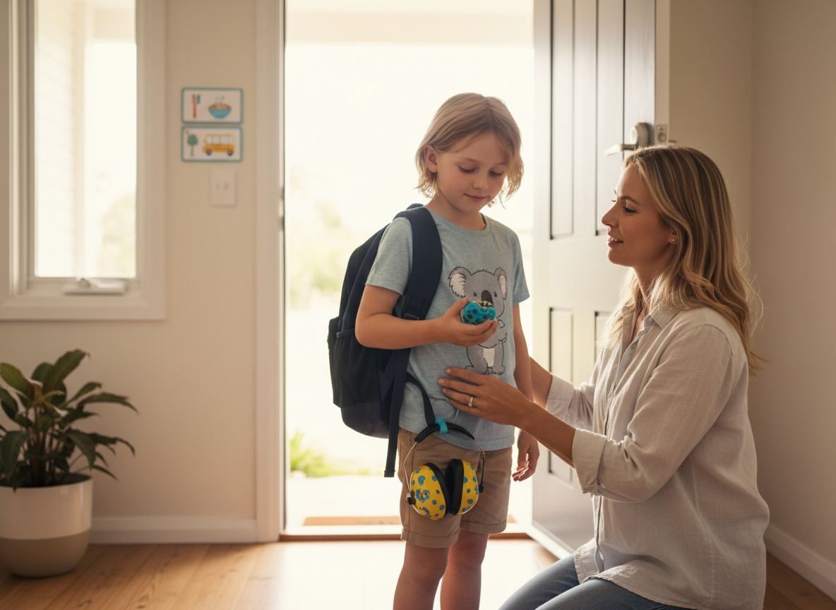 Parent and school-aged child at the front door preparing to leave, with the child holding a quiet fidget and kids earmuffs attached to a backpack