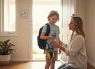 Parent and school-aged child at the front door preparing to leave, with the child holding a quiet fidget and kids earmuffs attached to a backpack