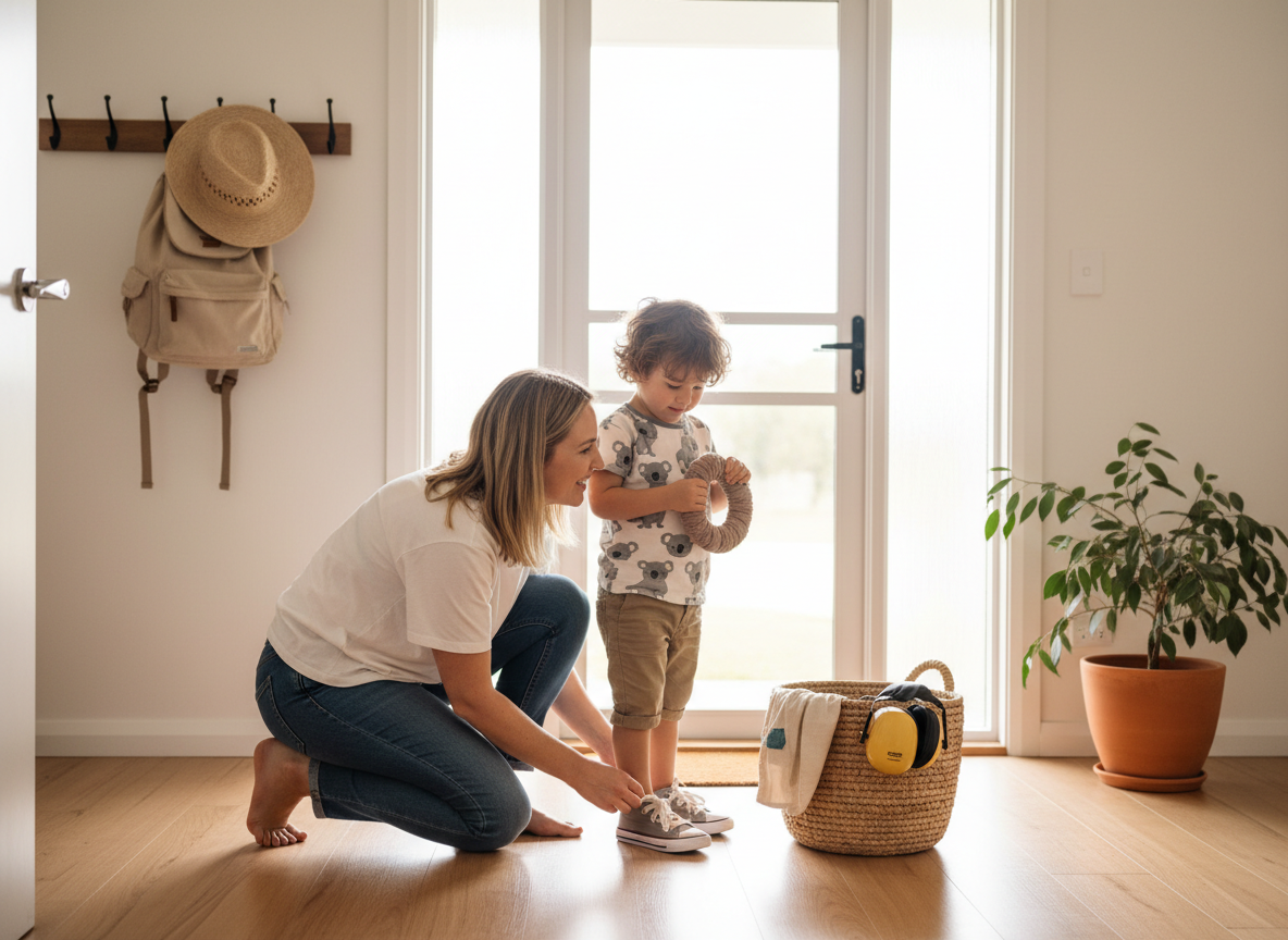 Parent helping a child put on shoes near the front door while the child holds a small quiet fidget, bright natural light