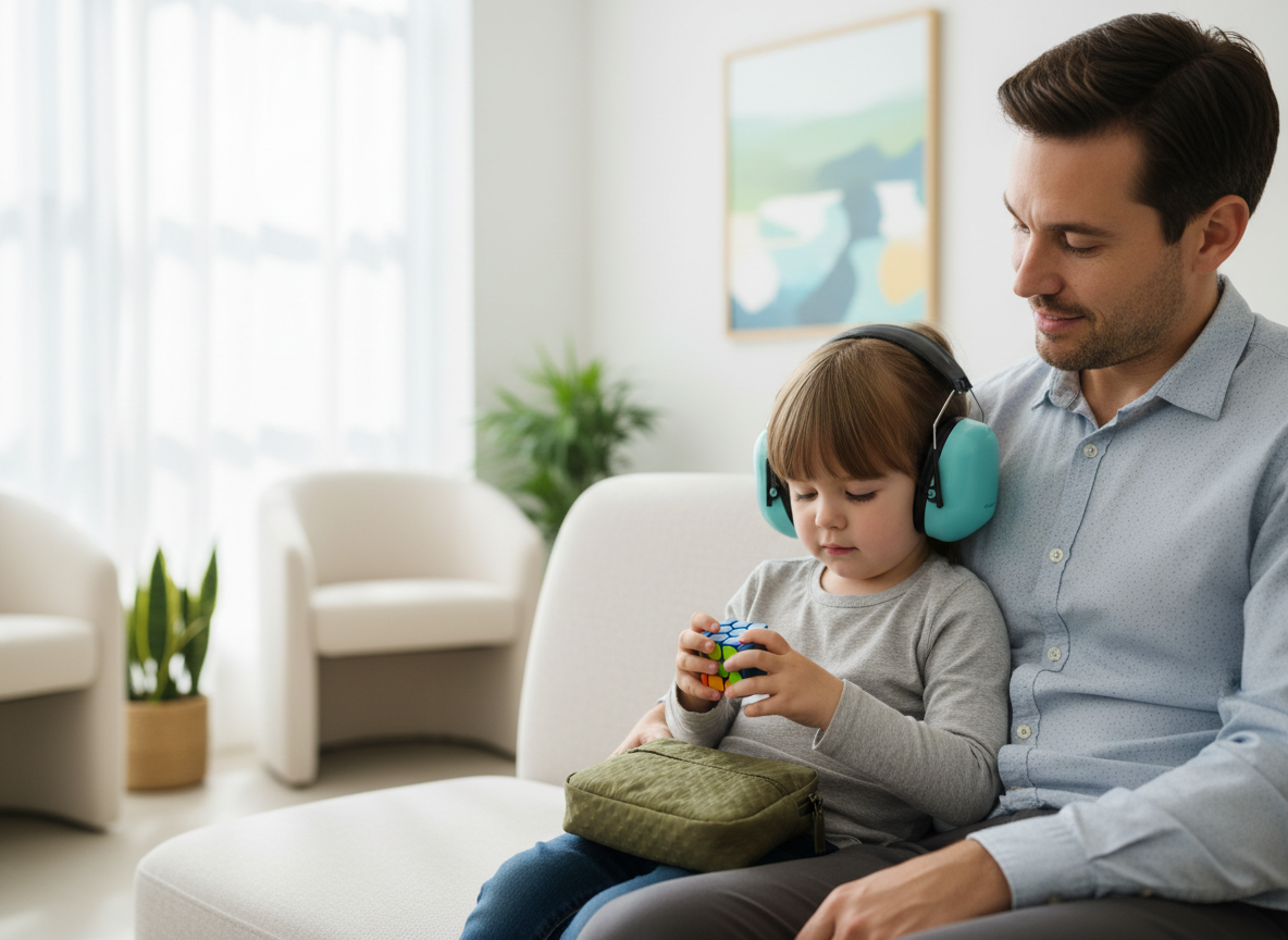 Parent and child sitting in a clinic waiting room with the child calmly using a small quiet fidget and wearing kids noise-reducing earmuffs