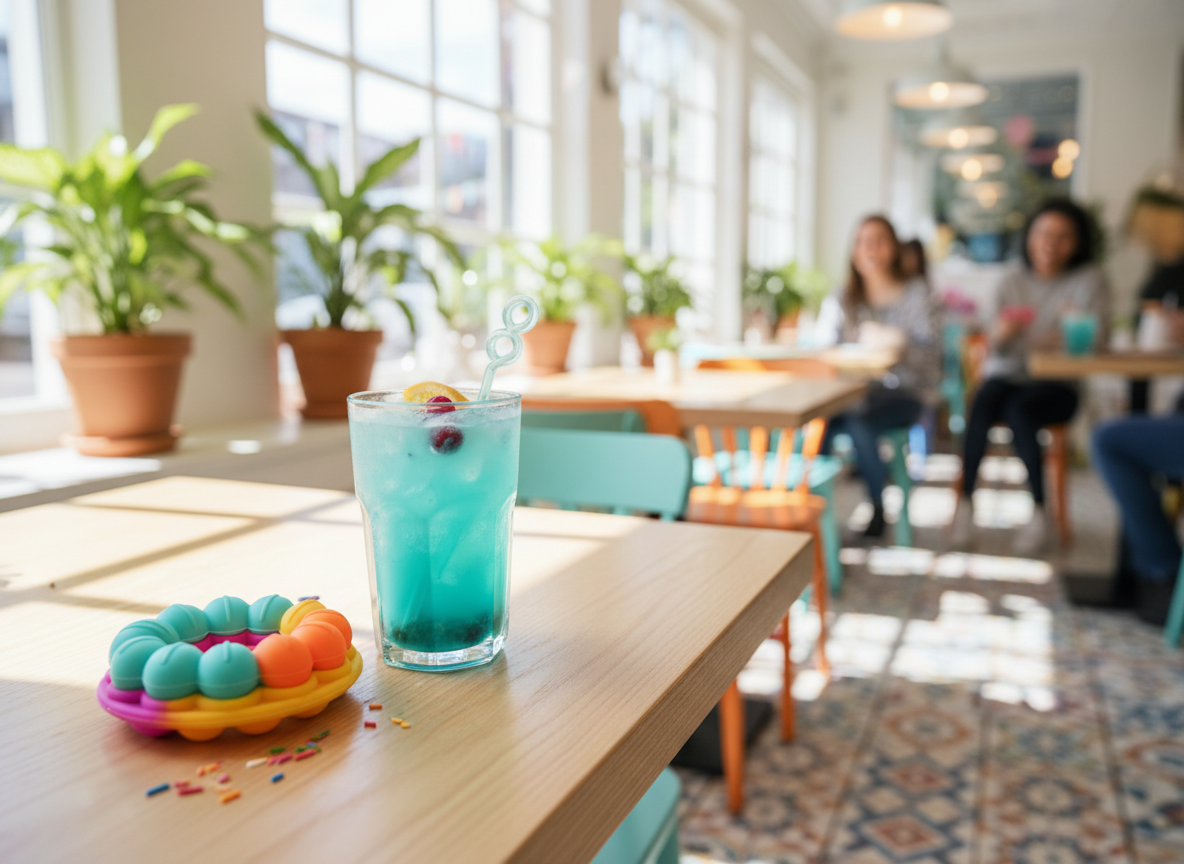 Bright, playful café or restaurant table with a drink and a small colourful sensory fidget for teens