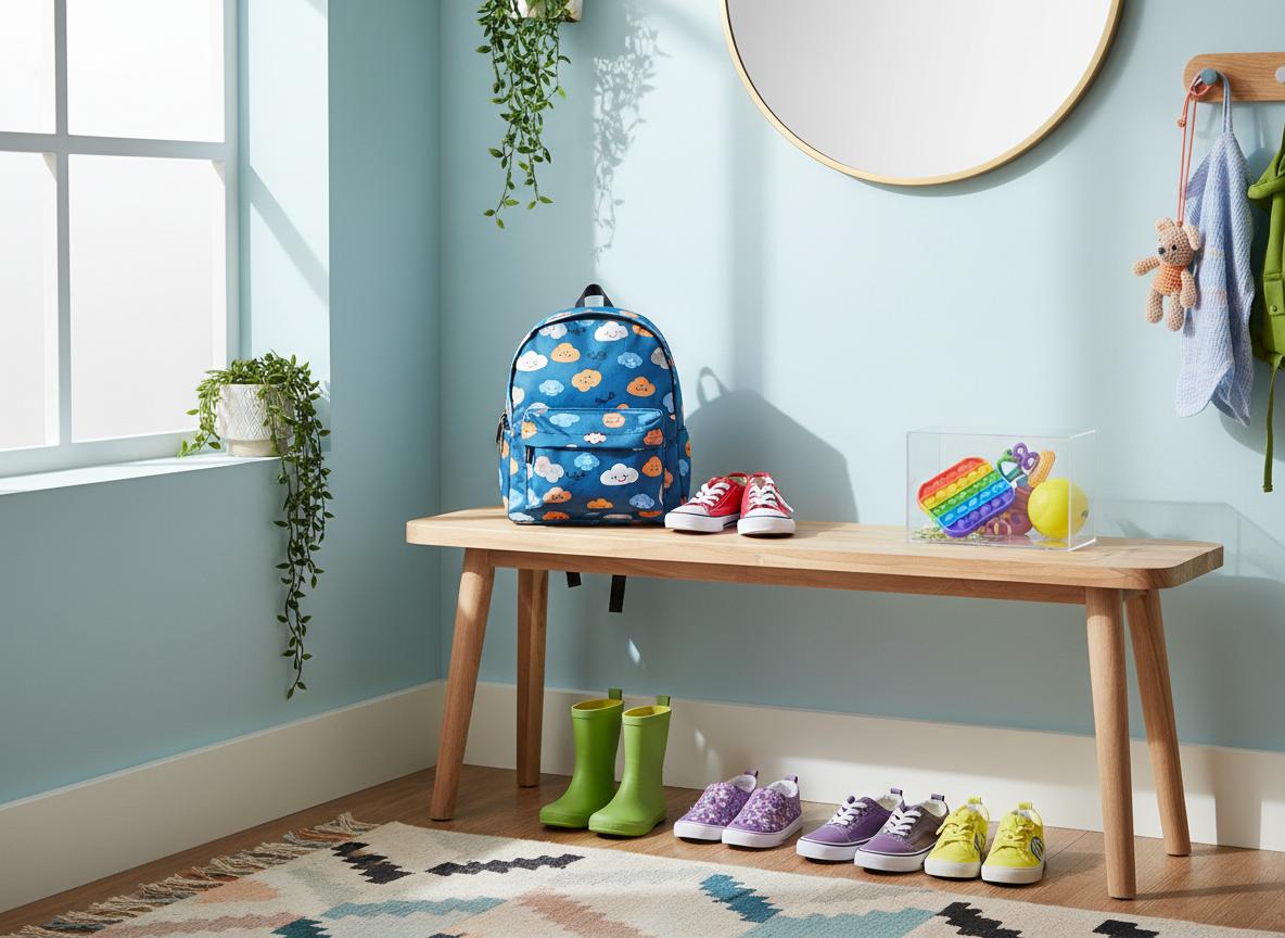 Bright, playful home entryway with school bag, shoes, and a small sensory fidget kit on a bench