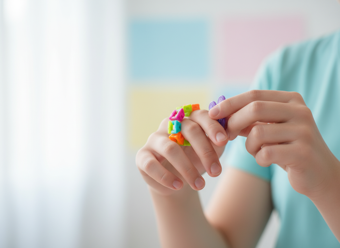 Bright, playful close-up of teen hands wearing a colourful fidget ring