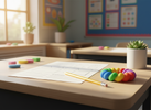 Bright, playful exam desk with test paper, pencil, and a small colourful sensory fidget for teens