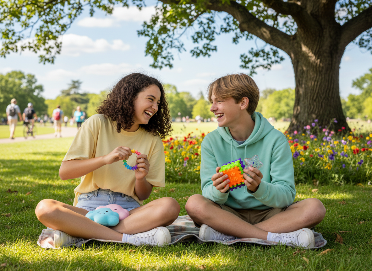 Bright, playful scene of two teens sitting together outside, chatting and each holding a small colourful sensory fidget
