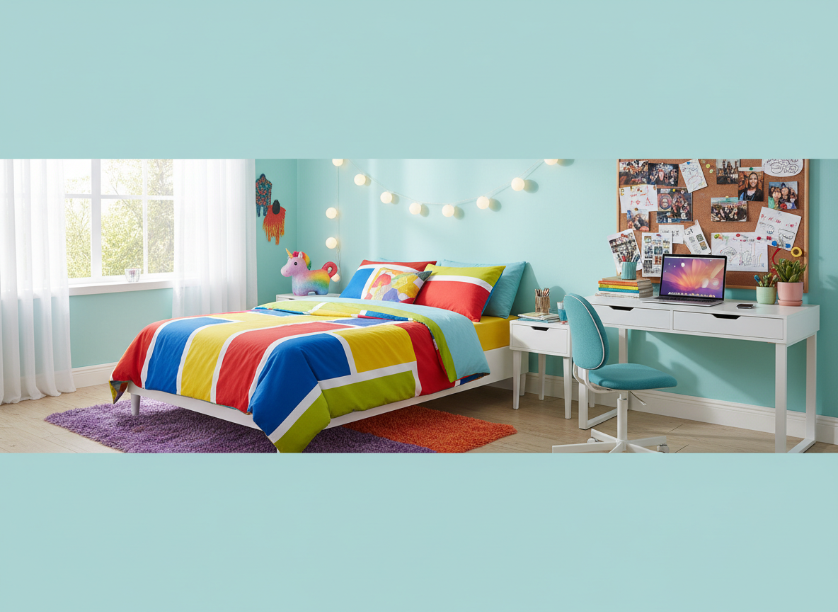 Bright, playful teenager’s bedroom with bold bedding, a study desk, posters or photos on the wall, and a small colourful sensory fidget on the bedside table.