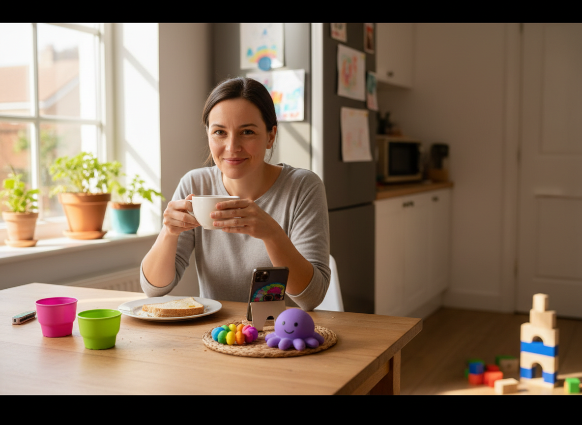 “Bright, playful scene of a parent sitting at a kitchen table with a cup of tea, a phone, and a small colourful sensory fidget nearby.”