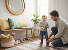 “Bright, playful home entryway with a parent helping a toddler put on shoes, with a small colourful sensory fidget visible nearby.”