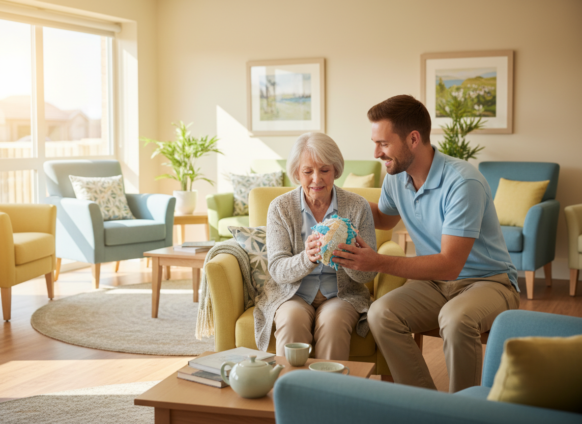 “Bright, warm aged care lounge with an older adult holding a soft tactile sensory fidget, with a supportive carer nearby.”