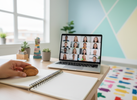 “Bright, playful professional meeting setup with an adult hand holding a small discreet sensory fidget near a notebook and laptop.”