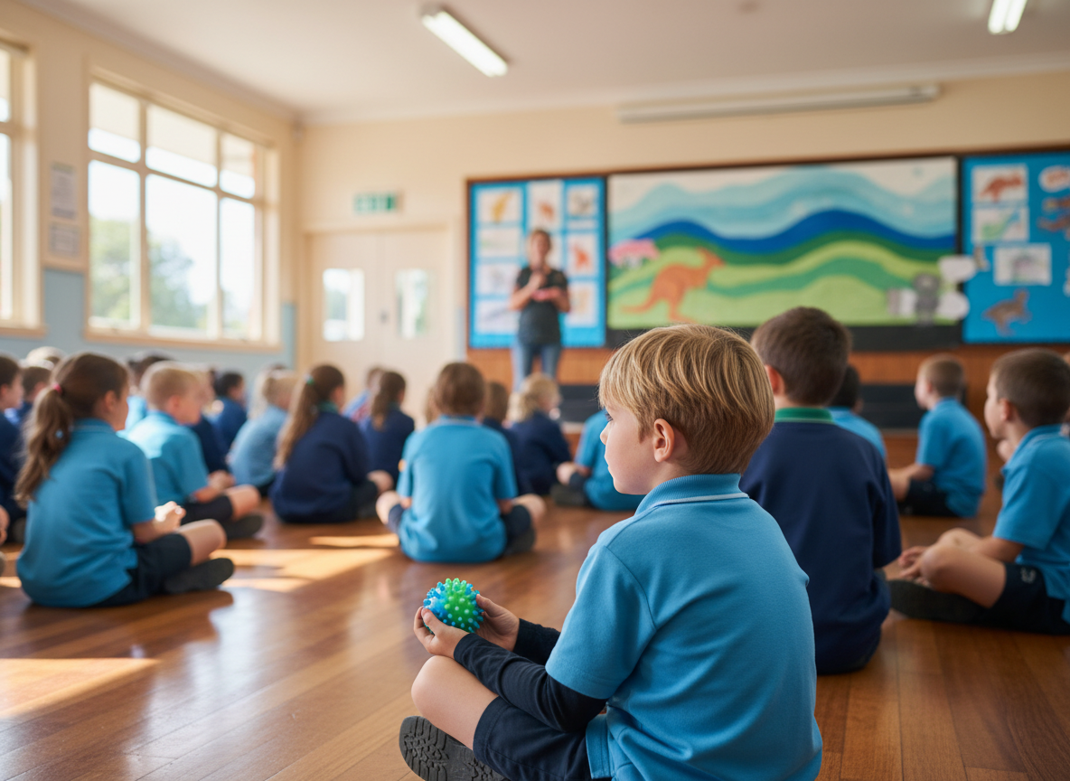 “Bright, playful school assembly scene with a child sitting with classmates and holding a small quiet sensory fidget discreetly.”