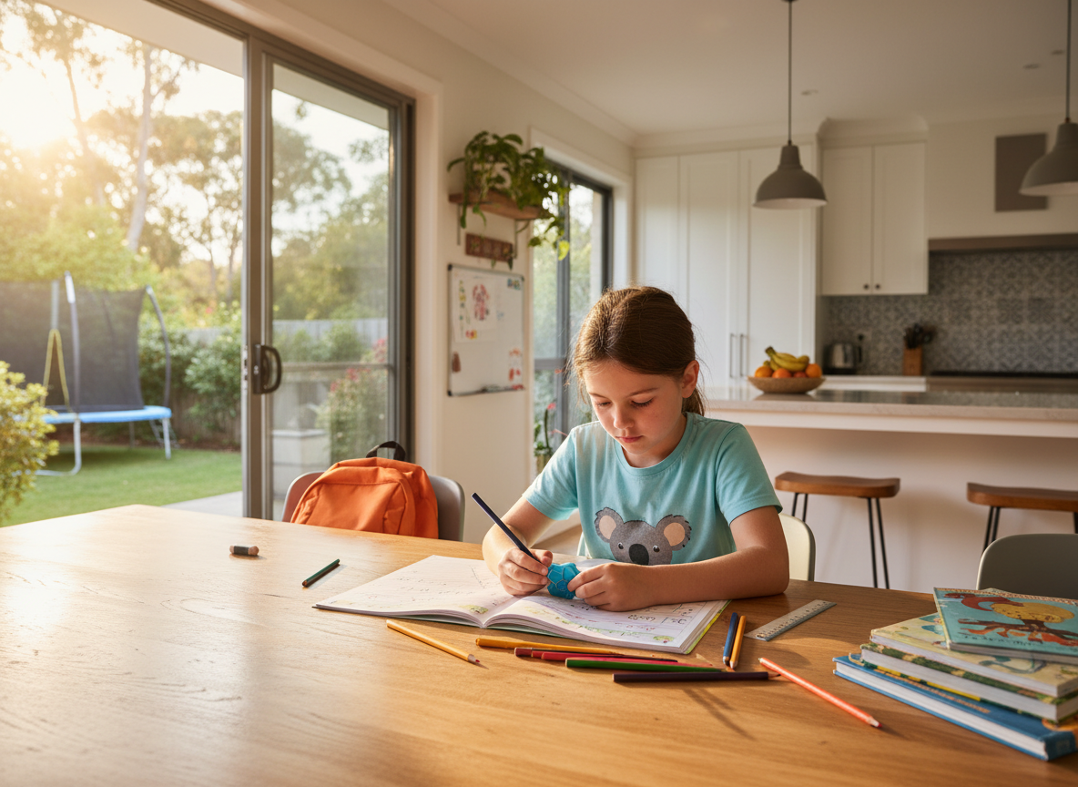 “Bright, playful family home scene with a primary school child at a kitchen table doing homework while holding a small quiet sensory fidget.”