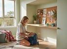 “Bright, playful teen study nook scene with a teenager packing a school bag beside a small sensory fidget, headphones, notebook, and water bottle.”