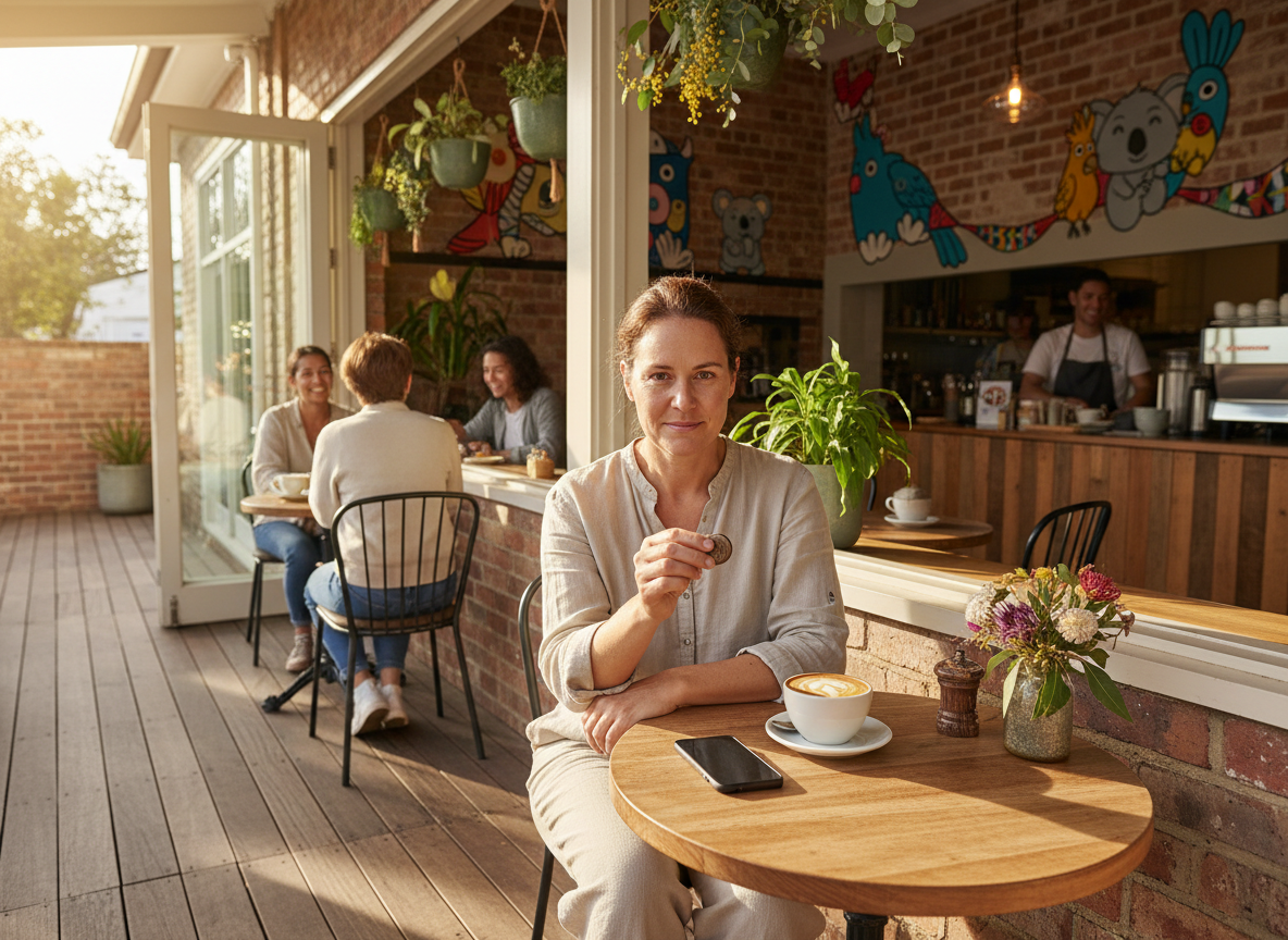 “Bright, realistic Australian cafe scene with an adult sitting calmly at a small table, holding a discreet sensory fidget beside a coffee cup and phone.”