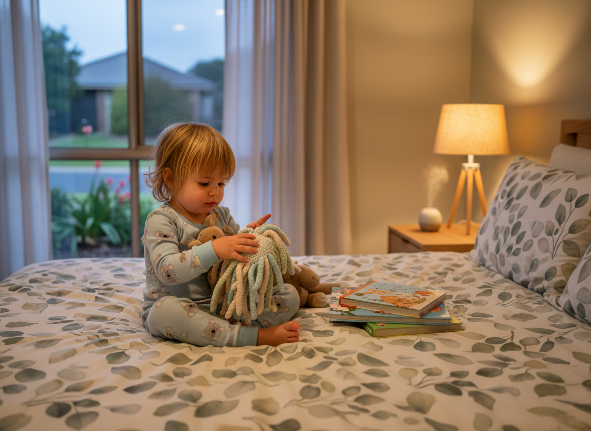 “Bright, calming bedtime scene with a young child sitting on a bed in soft warm light holding a gentle sensory fidget with books nearby.”