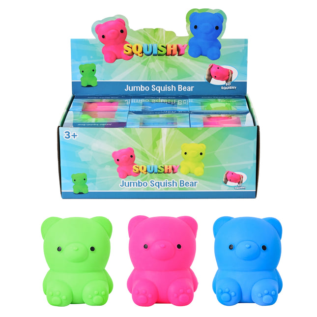 Green, pink and blue squishy bear figures displayed with colourful packaging