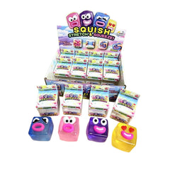 Colourful character shaped squishy toys displayed with boxed packaging