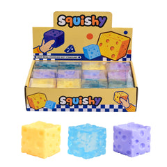 Squishy Maltose 6cm Cheese Block in yellow blue and purple sensory fidget colours