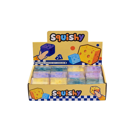 Squishy Maltose 6cm Cheese Block sensory squishy toy in a colourful display box