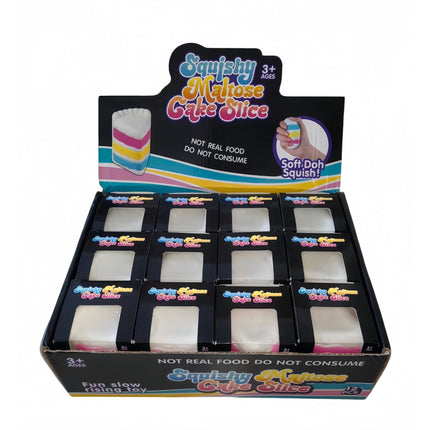 Squishy Maltose Cake Slice sensory toy in retail display box