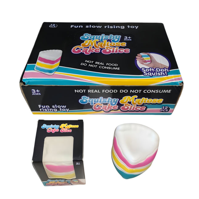 Squishy Maltose Cake Slice soft sensory squishy toy with colourful layered cake design and box
