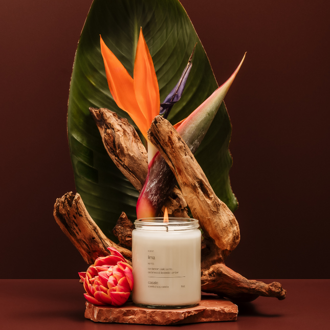LIMA SINGLE WICKED SOY CANDLE (8oz / 226g) with tropical flowers, wood accents, helping families thrive with tools to calm.