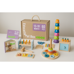 Wooden Montessori Educational Toy Box for Baby 13-18 Months with colorful stacking, pounding, and sorting toys.