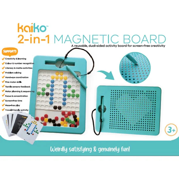 2-in-1 Magnetic Board - 2 Sided Magnetic Drawing & Pixel Board in blue, featuring a pen and colorful magnetic pegs for creative, screen-free play and learning.