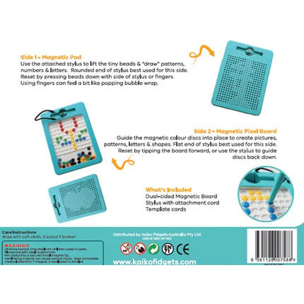 Packaging showing the 2-in-1 Magnetic Board - 2 Sided Magnetic Drawing & Pixel Board with instructions highlighting the magnetic pad for drawing patterns and the magnetic pixel board for creating pictures using stylus and colored discs.