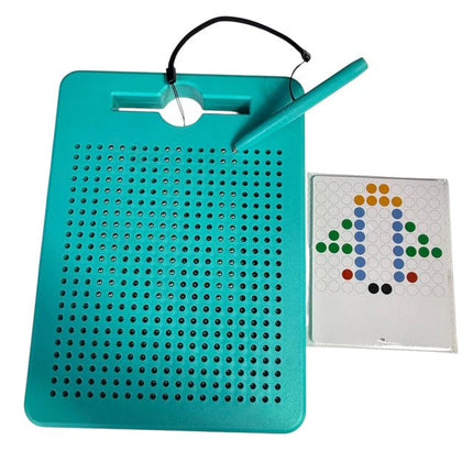 2-in-1 Magnetic Board - 2 Sided Magnetic Drawing & Pixel Board featuring a turquoise magnetic pegboard with magnetic stylus and a pixel art card with colorful pattern.