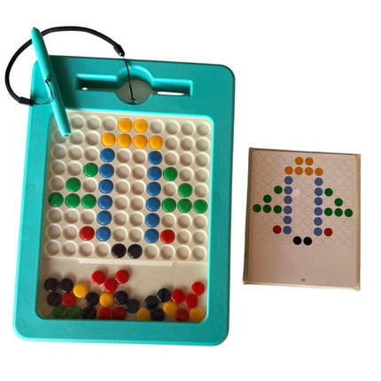 2-in-1 Magnetic Board - 2 Sided Magnetic Drawing & Pixel Board featuring colorful magnetic pixels arranged on a turquoise frame with attached stylus and pattern guide.