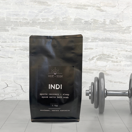 Indi - 2.5kg BULK BUY - Sports Recovery - Relax + Sleep Epsom Salts Bath Soak with dumbbell, tools to calm and support.