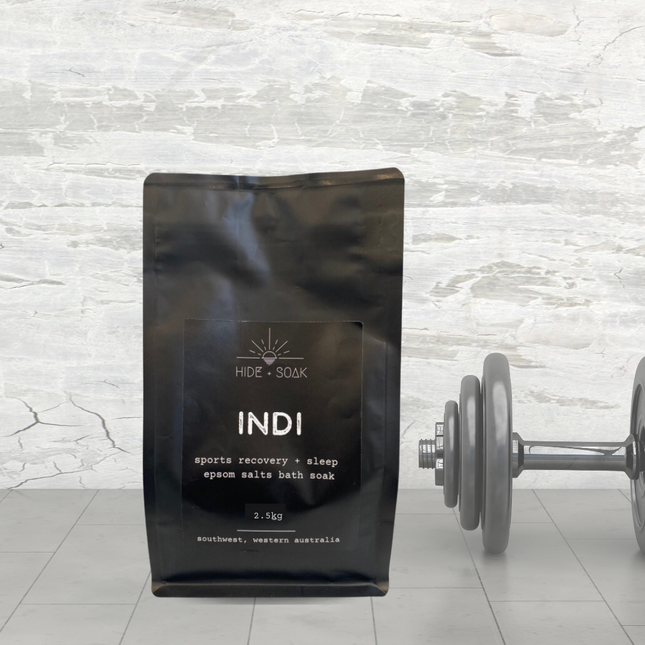Indi - 2.5kg BULK BUY - Sports Recovery - Relax + Sleep Epsom Salts Bath Soak with dumbbell, tools to calm and support.