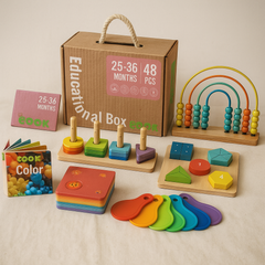 Colourful educational toy set with a bead maze, stacking rings, shape sorters and textured play pieces