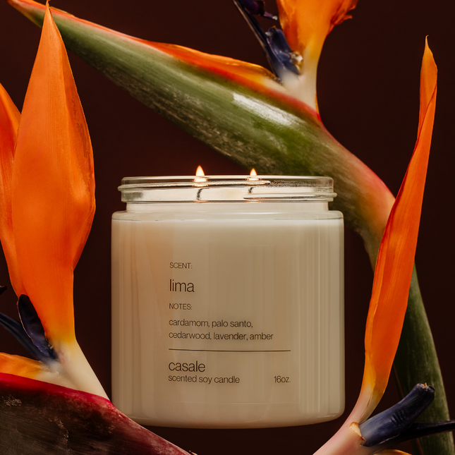 LIMA DOUBLE WICKED SOY CANDLE (16oz / 453g) with calming floral scent, surrounded by vibrant orange bird of paradise flowers