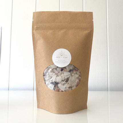 #4 Juniper - Detox + Immune Support - Magnesium Bath + Foot Salts in brown resealable pouch with clear window, helping families thrive.