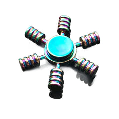 Colourful Small Six Arm Metal Fidget Spinner with textured grip arms for sensory play and stress relief, helping families thrive.