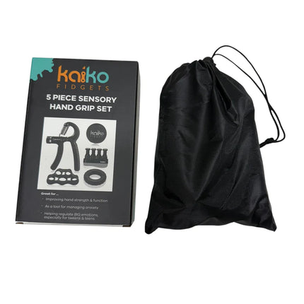 5 Piece Hand Grip Set by Kaiko - for Regulation and Improved Function with storage pouch and assorted sensory grips