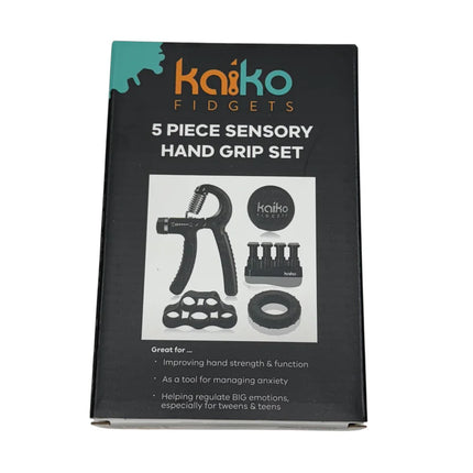 5 Piece Hand Grip Set by Kaiko - for Regulation and Improved Function in black packaging with product image and features listed
