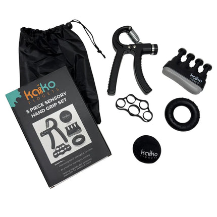 5 Piece Hand Grip Set by Kaiko - for Regulation and Improved Function with varied tactile exercise tools and pouch
