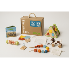 Wooden Montessori Educational Toy Box for Baby 19-24 Months with sensory and educational toys helping families thrive.