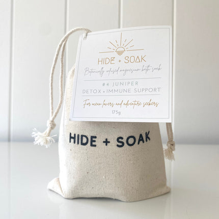 #4 Juniper - Detox + Immune Support - Magnesium Bath + Foot Salts in natural fabric pouch with calming, supportive benefits.