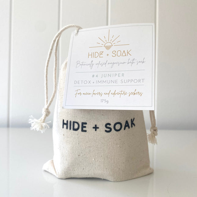 #4 Juniper - Detox + Immune Support - Magnesium Bath + Foot Salts in natural fabric pouch with calming, supportive benefits.