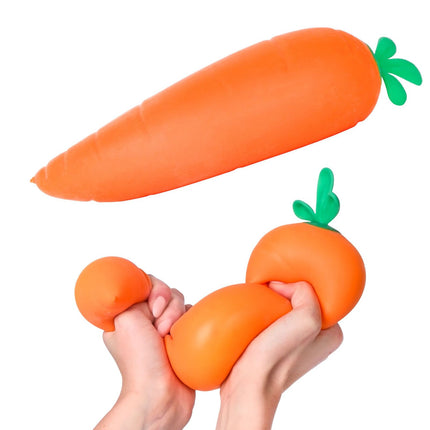 Squishy Jumbo Carrot orange sensory toy shown whole and being squeezed by hands
