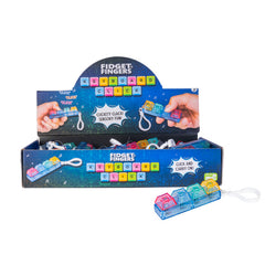 Colorful plastic Fidget Keychain Keyboard Click displayed in a box with sensory toy packaging and hands clicking it.
