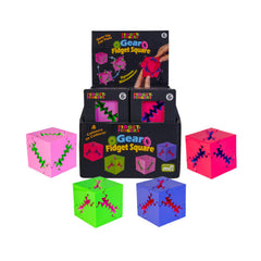 Square Fidget Gear sensory toy cubes in pink, red, green, and blue with interlocking gear designs.