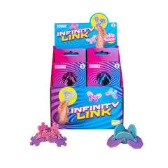 Infinity Link sensory fidget toys in pink and blue, designed for calming and focus for children aged 3 and up.