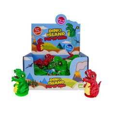 Pop Up Dino sensory toy set with red and green dinosaur figures in colorful Dino Island themed box